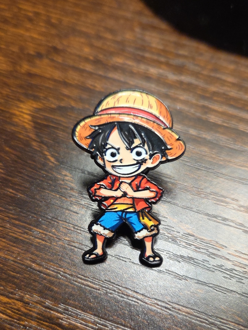Onepiece Enamel Pin – Orange Hat, Red Jacket, Blue Shorts